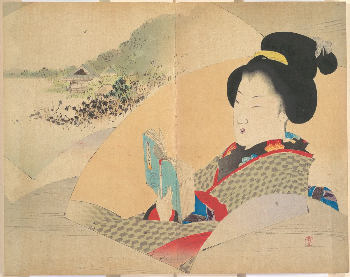 Beauty Looking at Shinobazu Pond, illustration from Bugei Kurabu (Literary Club) | Watanabe Seitei - 浮世繪畫廊