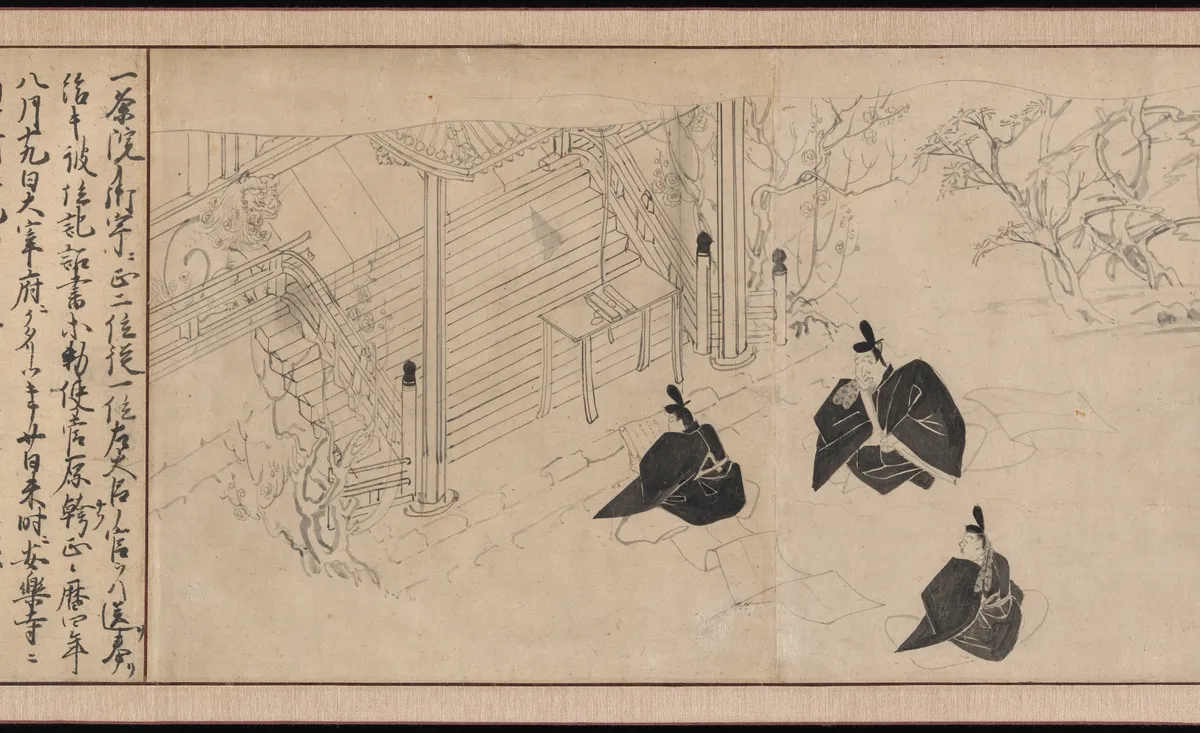 Courtiers Visit Sugawara no Michizane’s Mortuary Temple, from Illustrated Legends of the Kitano Tenjin Shrine | 浮世繪妖怪藝術