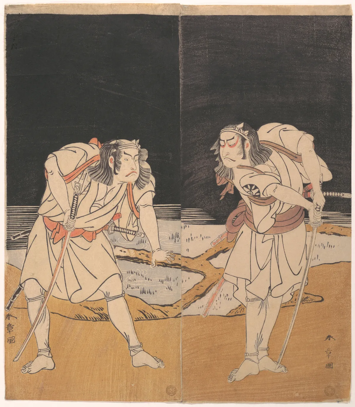 Duel Scene from the Kabuki Drama, "A Soga Pattern Dyed to Order" (Ōatsurae-zome Soga Hinagata) | Katsukawa Shunshō 勝川春章 - 浮世繪畫廊