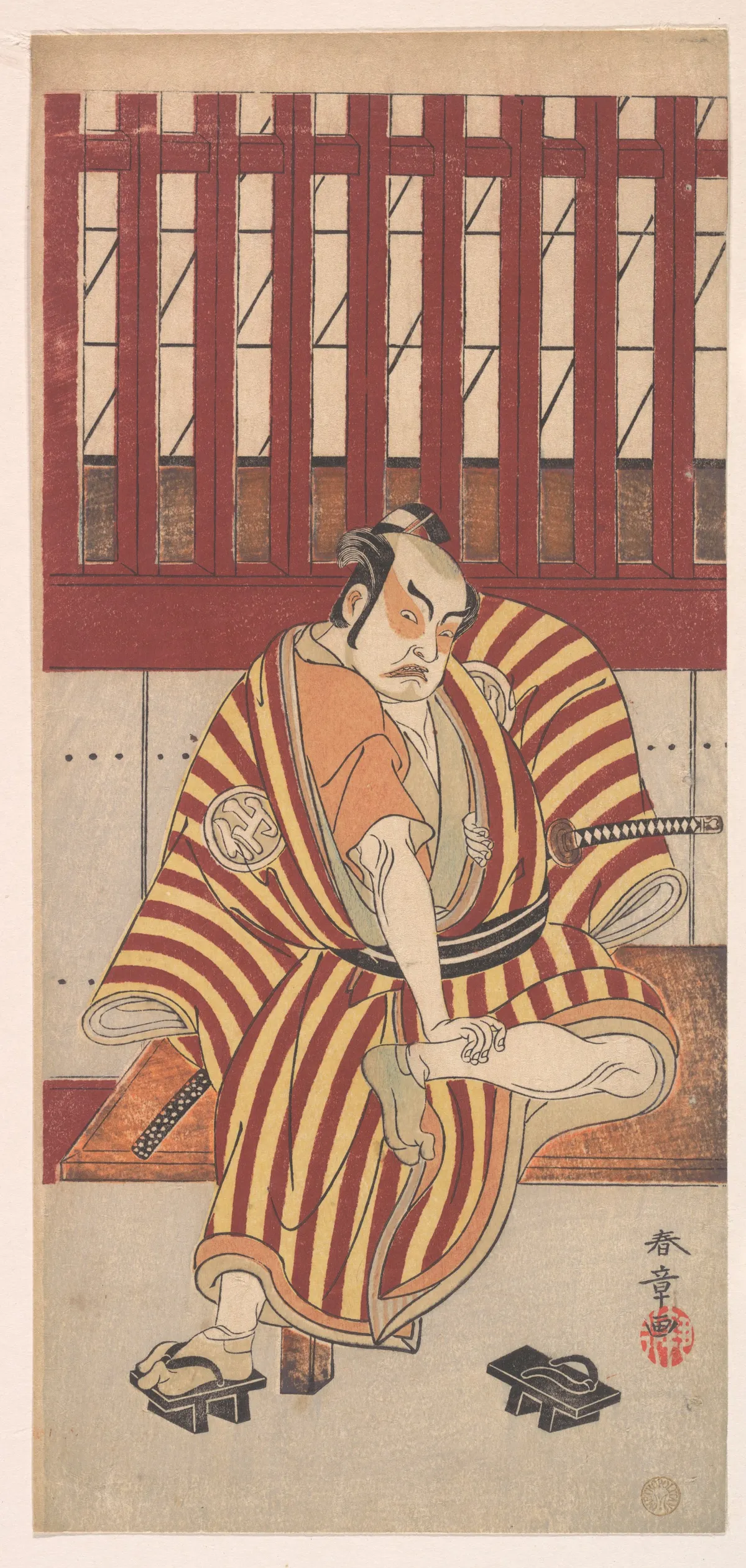 The Second Nakamura Sukegoro as an Otokodate Seated on a Wooden Bench | Katsukawa Shunshō 勝川春章 - 浮世繪畫廊