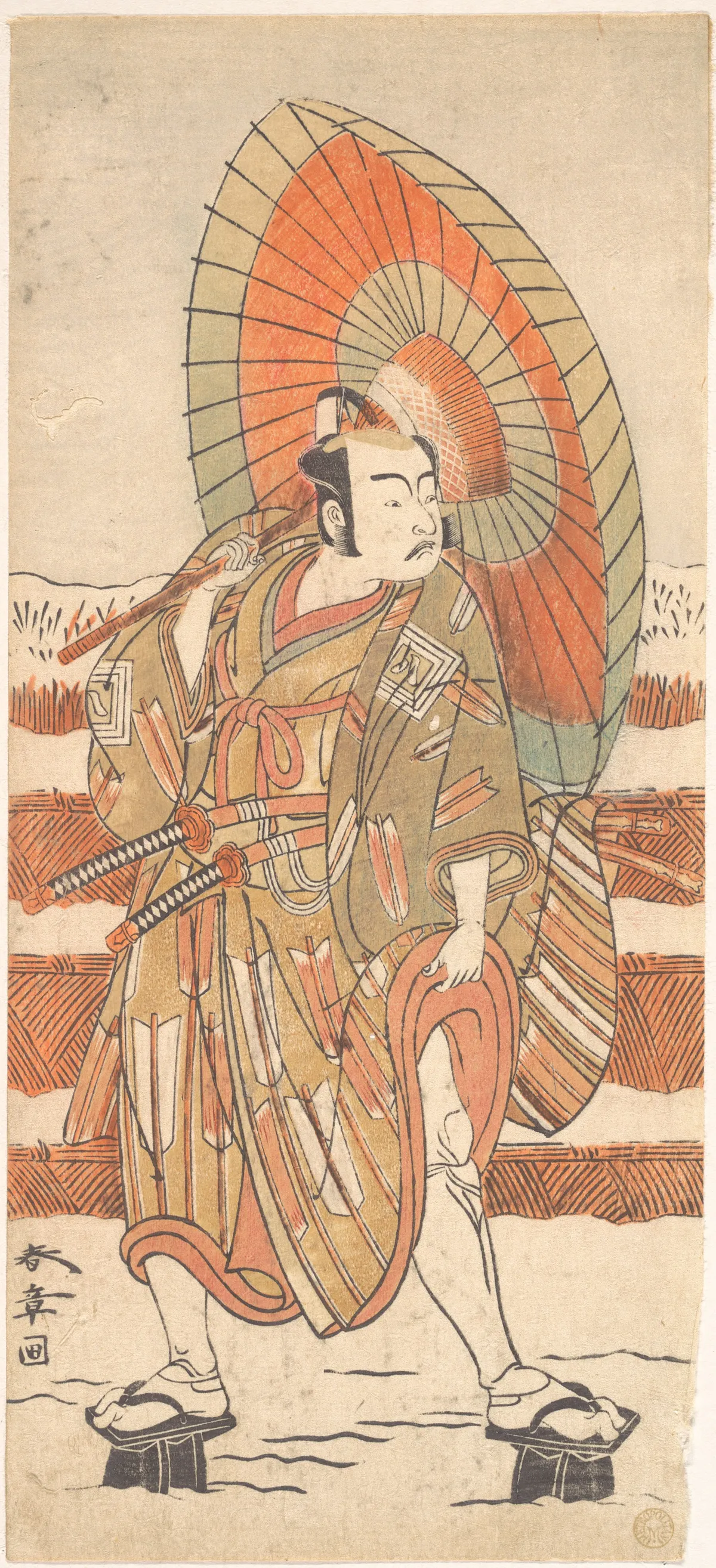 The Second Ichikawa Yaozo as a Samurai Standing in the Snow | Katsukawa Shunshō 勝川春章 - 浮世繪畫廊