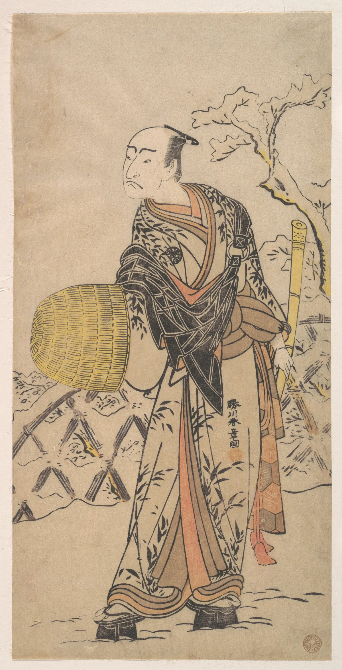The First Nakamura Nakazo as a Komuso Standing in the Snow by a Fence | Katsukawa Shunshō 勝川春章 - 浮世繪畫廊
