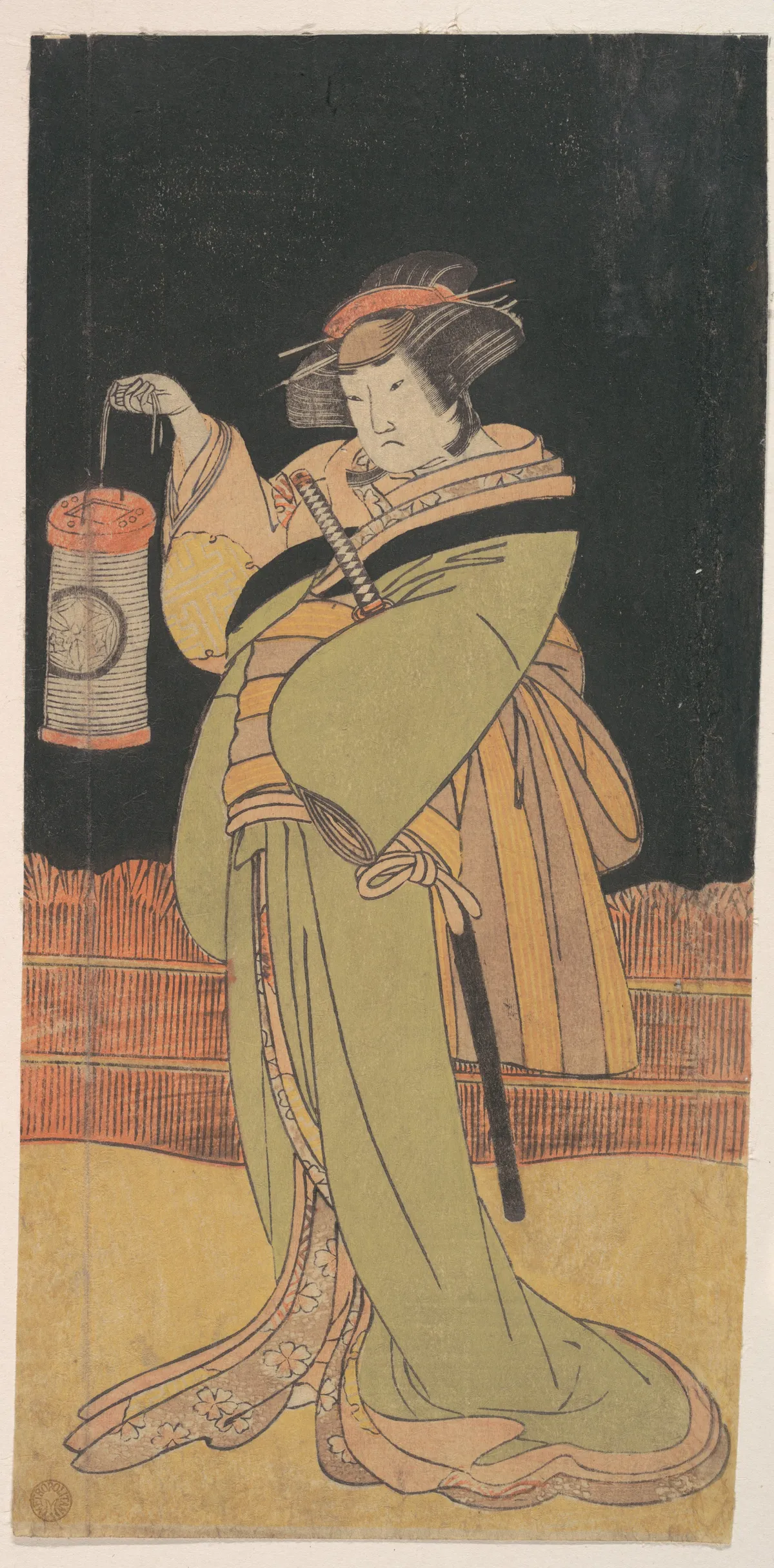 The Second Yamashita Kinsaku as a Woman Standing at Night | Katsukawa Shunshō 勝川春章 - 浮世繪畫廊