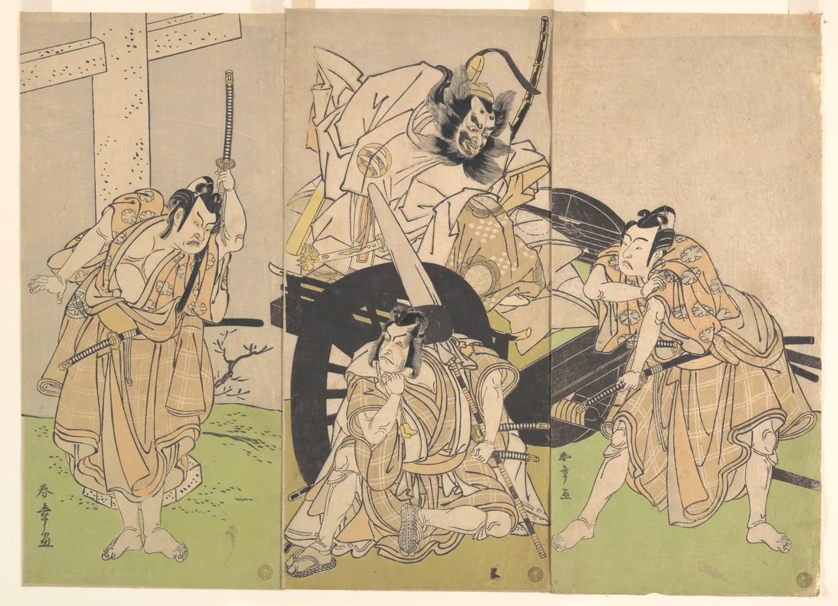 Kabuki Actors Ichikawa Yaozō II, Nakajima Mihoemon II, Ichikawa Ebizō III, and Ichimura Uzaemon IX in the Play Sugawara’s Secrets of Calligraphy (Sugawara denju tenarai kagami) | Katsukawa Shunshō 勝川春章 - 浮世繪畫廊