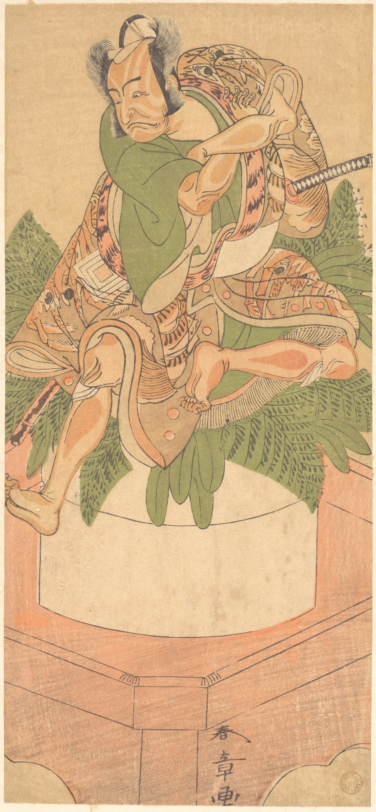 The Fourth Ichikawa Danjuro as a Yakko (servant) seated upon a Large Cake of Mochi Prepared for the New Yer Celebration | Katsukawa Shunshō 勝川春章 - 浮世繪畫廊