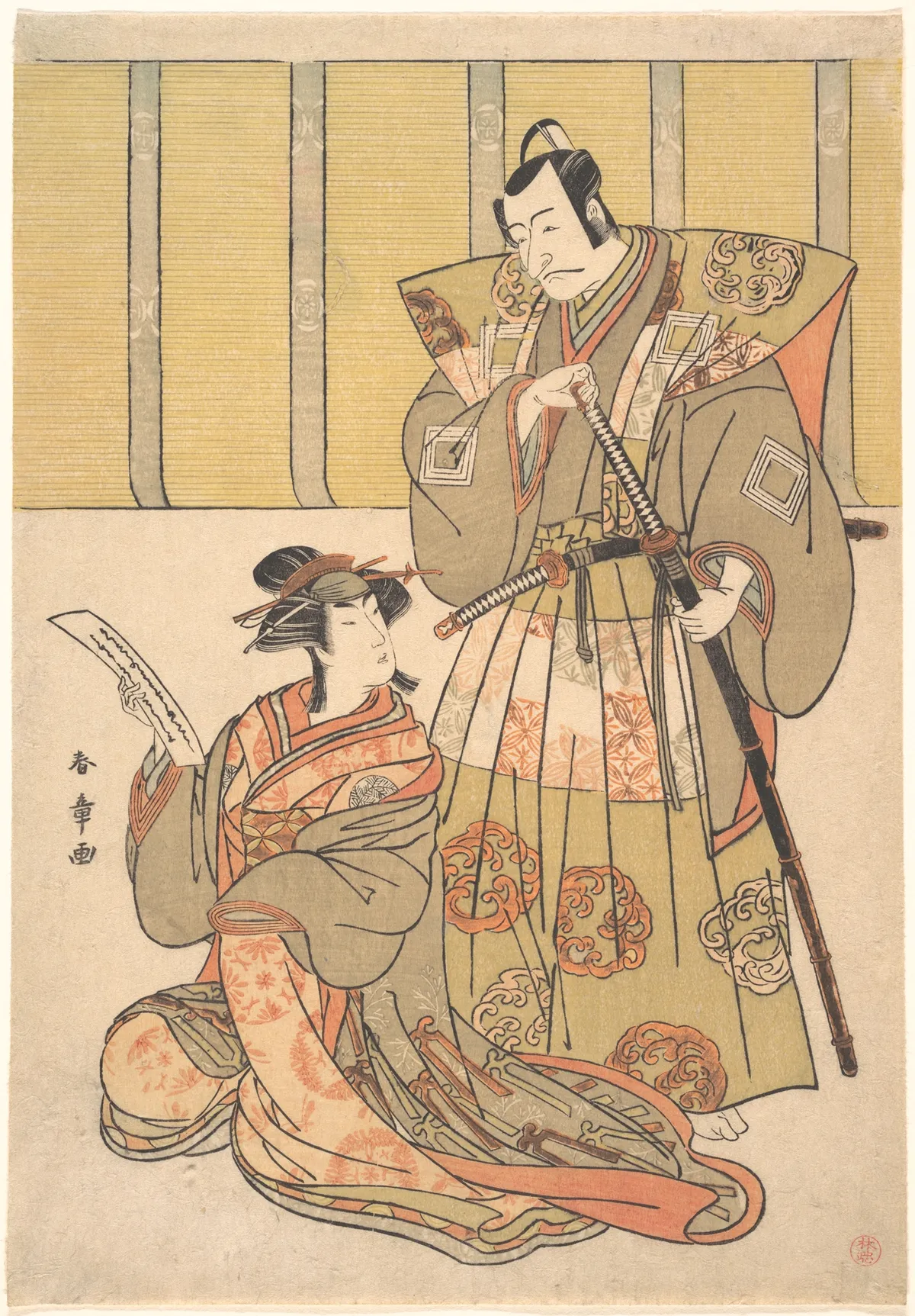 Ichikawa Danjūrō V as Kūdo no Suketsune, and Nakamura Rikō as Oiso no Tora | Katsukawa Shunshō 勝川春章 - 浮世繪畫廊