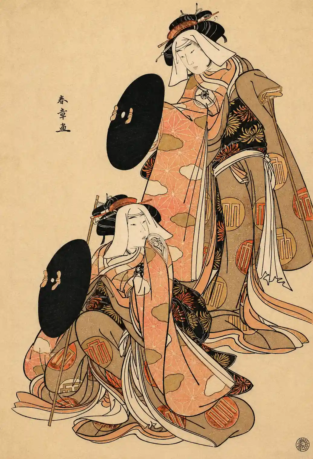 The Actors IV Iwai Hanshiro and I Bando Mitsugoro as Women Pilgrime in a shosa (Acting and Dancing) Performance | Katsukawa Shunshō 勝川春章 - 浮世繪畫廊