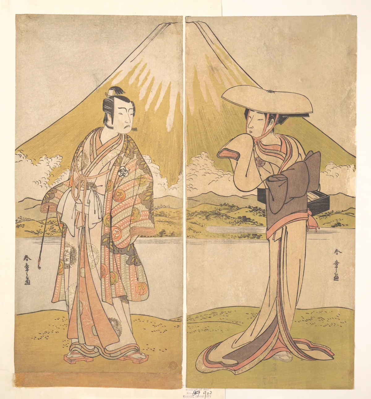 The Actor Bando Mitsugoro as a Man in Sumptuous Raiment, Standing in a Field, Mount Fuji in the Background | Katsukawa Shunshō 勝川春章 - 浮世繪畫廊