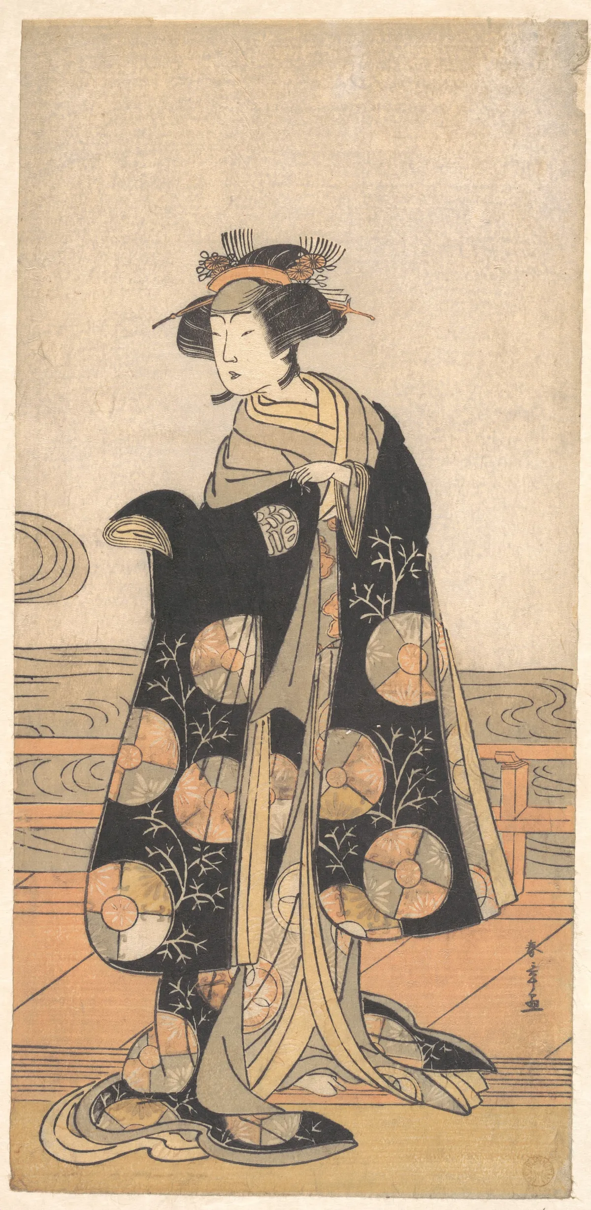 Yoshizawa Iroha as a Woman Standing on the Engawa of a House by a River | Katsukawa Shunshō 勝川春章 - 浮世繪畫廊