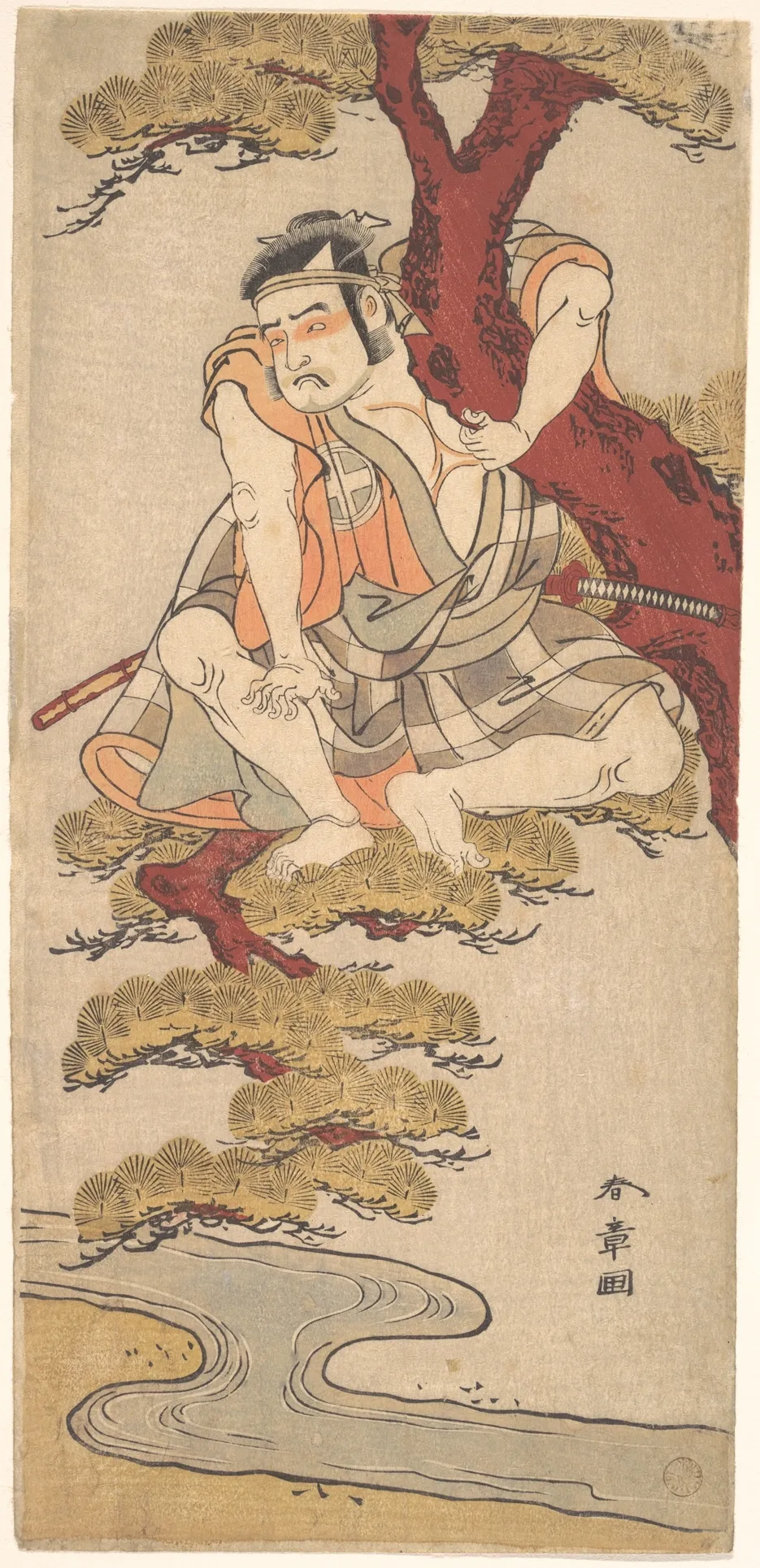 The Actor Otani Hiroemon III Watching from the Branches of a Pine Tree Overhanging a Stream | Katsukawa Shunshō 勝川春章 - 浮世繪畫廊