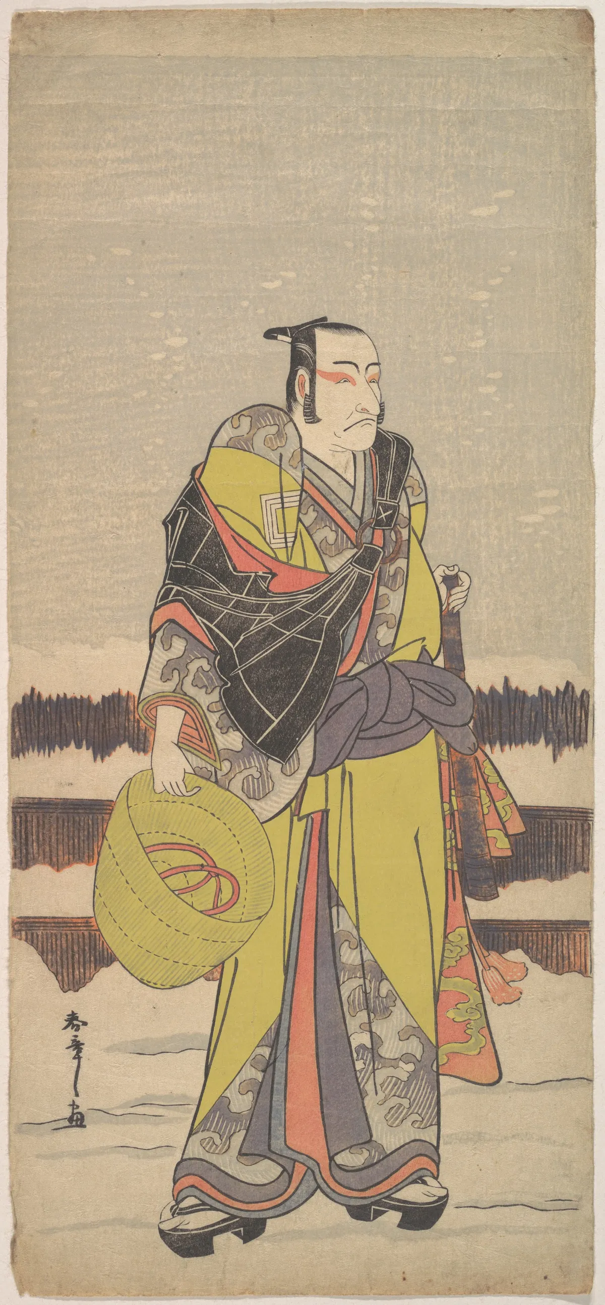 Danjurō V as Kakogawa Honzō with a Komuso Hat and a Flageolet | Katsukawa Shunshō 勝川春章 - 浮世繪畫廊