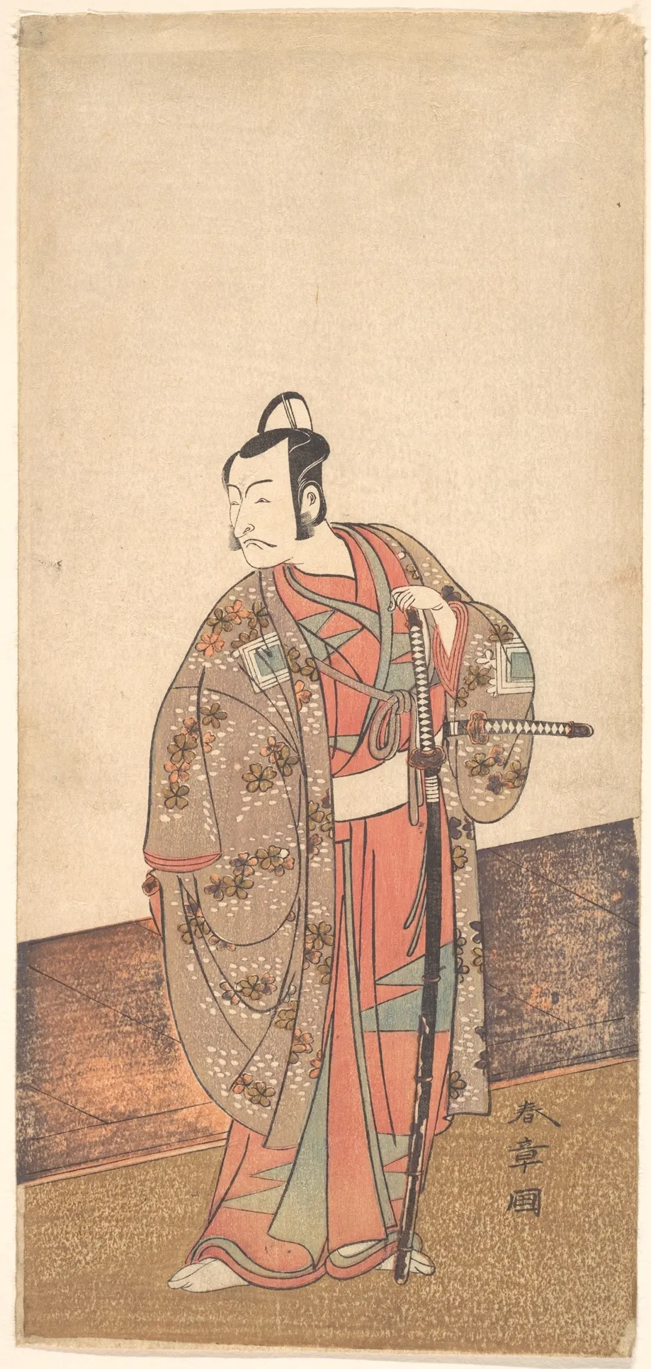 The Actor Ichikawa Danjuro V standing inside of a house and in front of an engawa | Katsukawa Shunshō 勝川春章 - 浮世繪畫廊