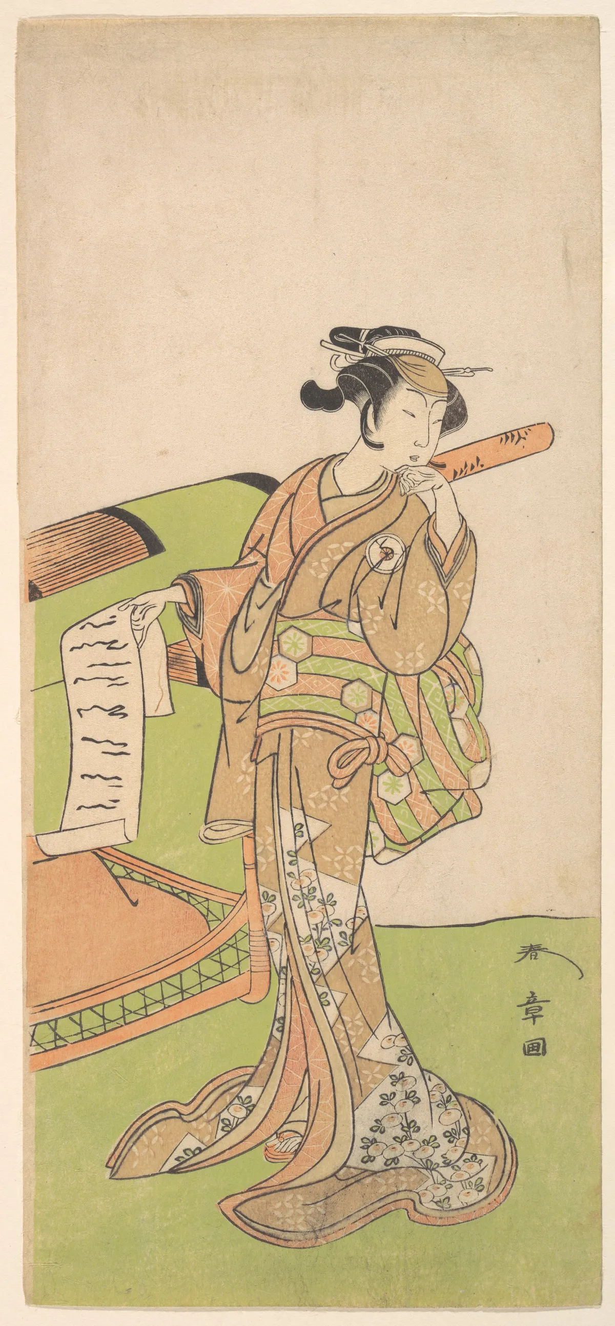 The Actor Iwai Hanshiro IV in Female Role, Standing Beside a Litter | Katsukawa Shunshō 勝川春章 - 浮世繪畫廊