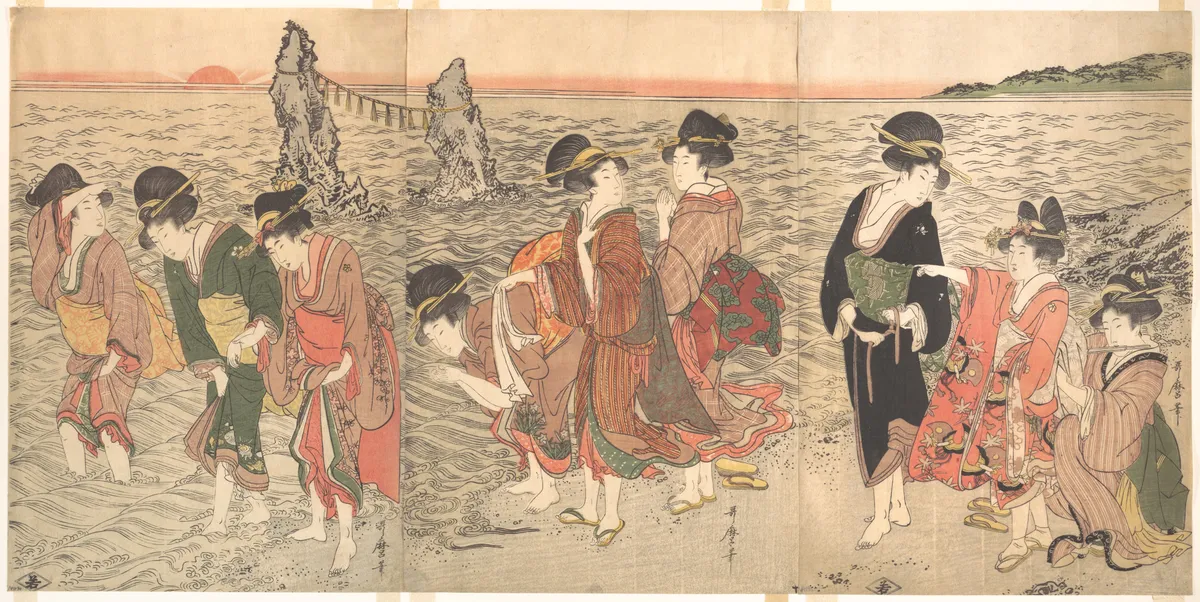 Women Worshipping the Rising Sun between the Twin Rocks at Ise | Kitagawa Utamaro - 浮世繪畫廊