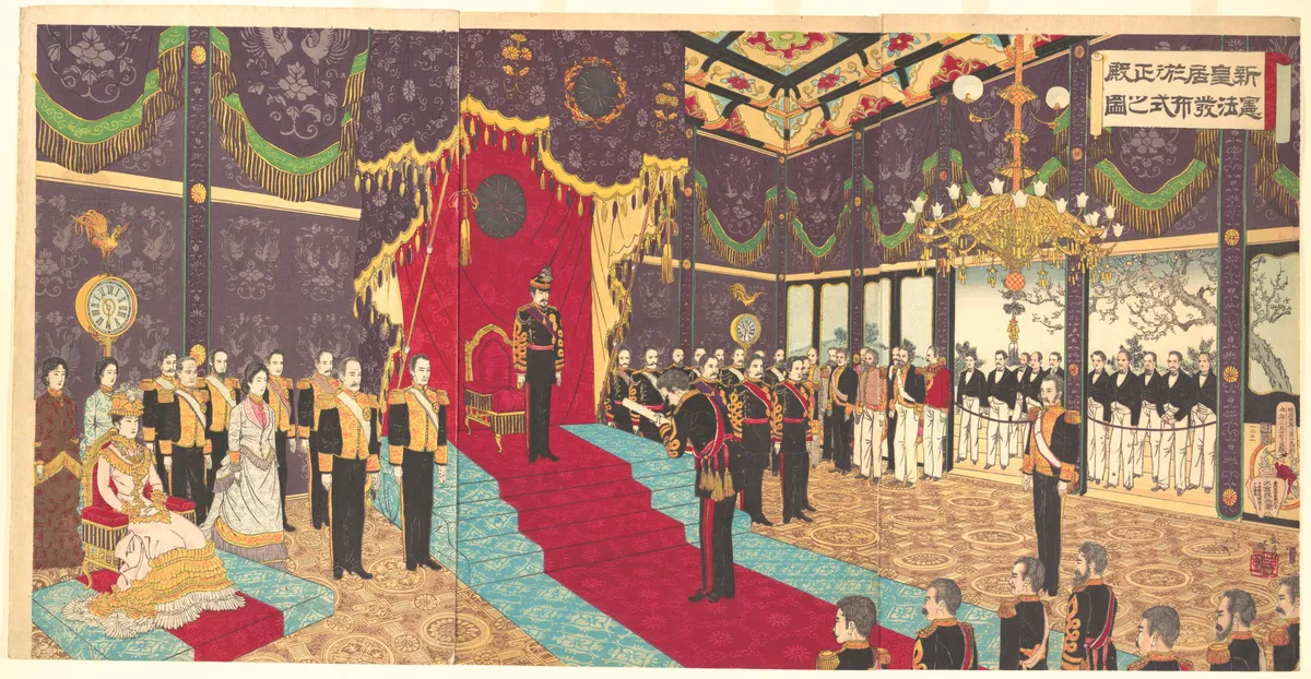 Illustration of the Issuing of the State Constitution in the State Chamber of the New Imperial Palace | Adachi Ginkō - 浮世繪畫廊