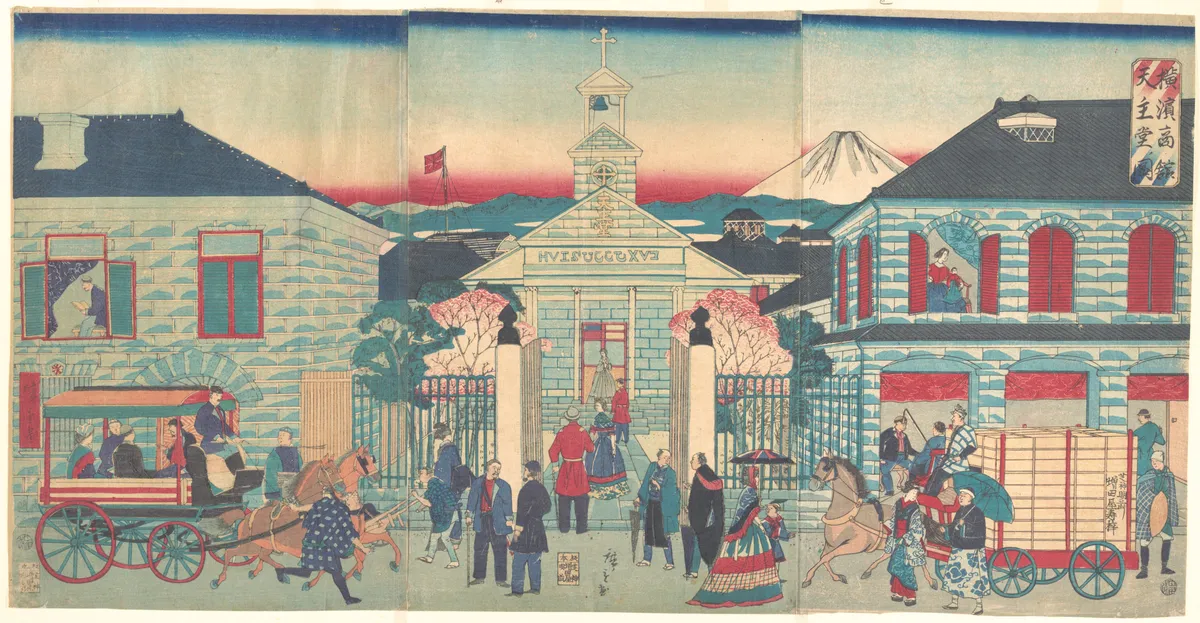 Illustration of Foreign Residences and the Catholic Church in Yokohama (Yokohama shōkan tenshudō no zu) | Utagawa Hiroshige III - 浮世繪畫廊