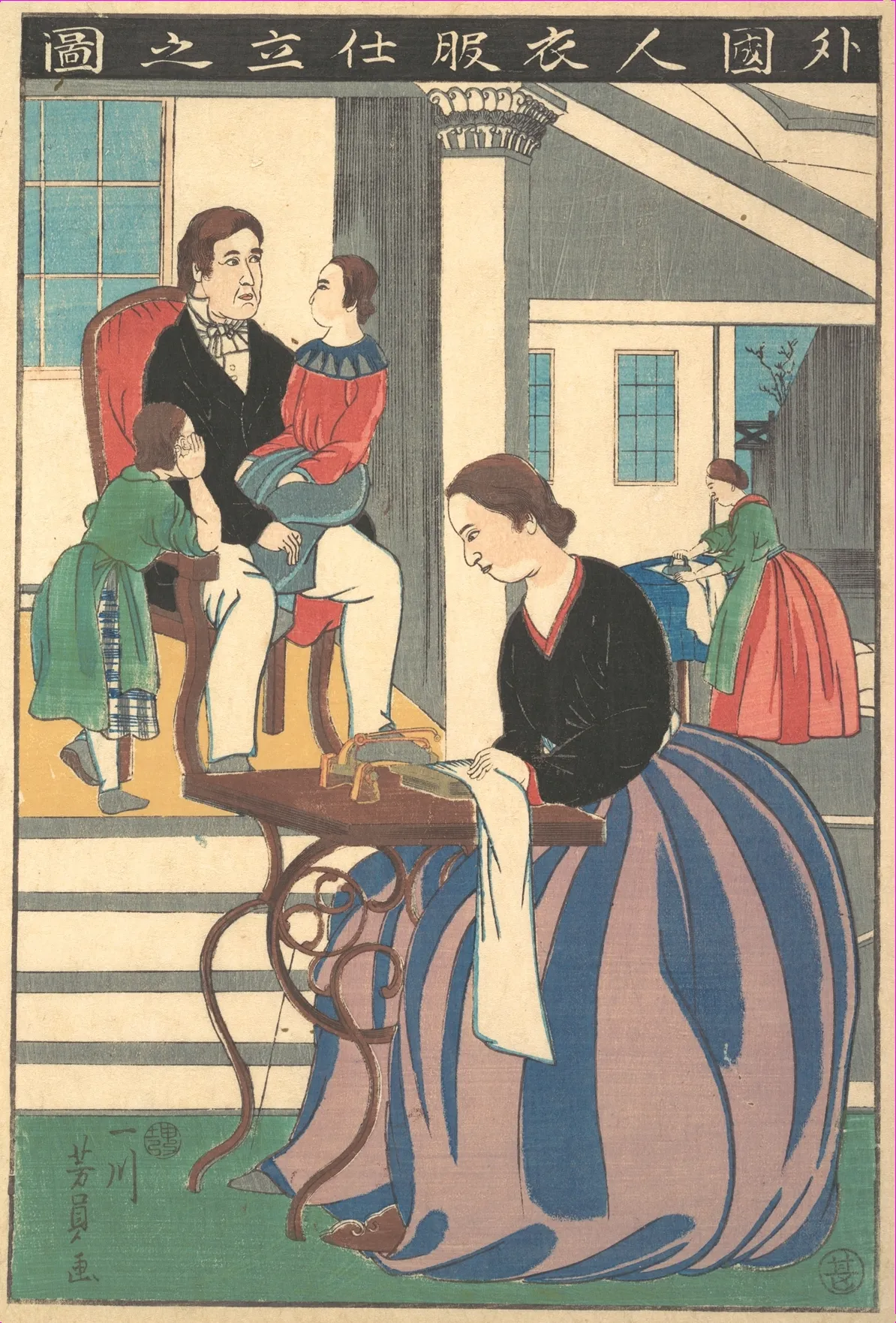 Picture of a Foreigner Making Clothes | Utagawa Yoshikazu - 浮世繪畫廊
