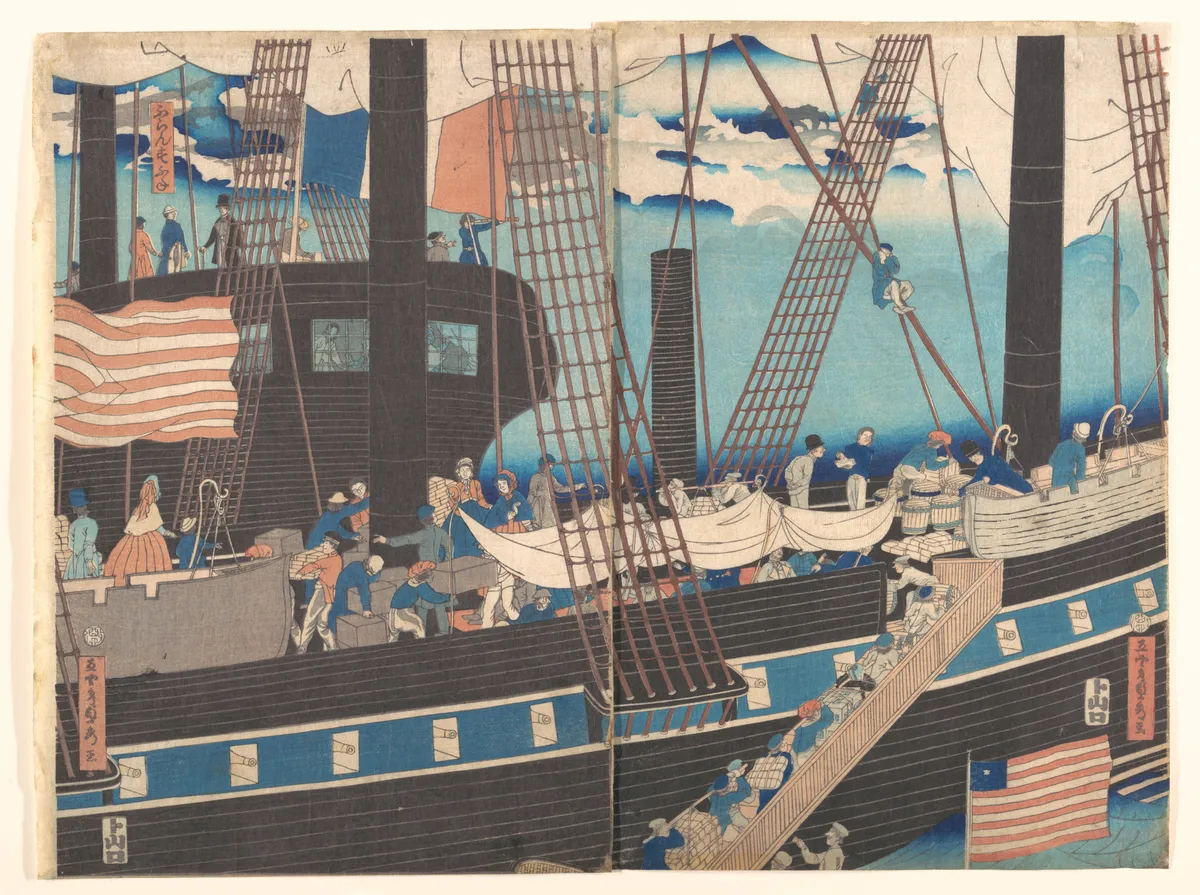 “Yokohama Trade: Westerners Loading Cargo” | Utagawa (Gountei) Sadahide - 浮世繪畫廊