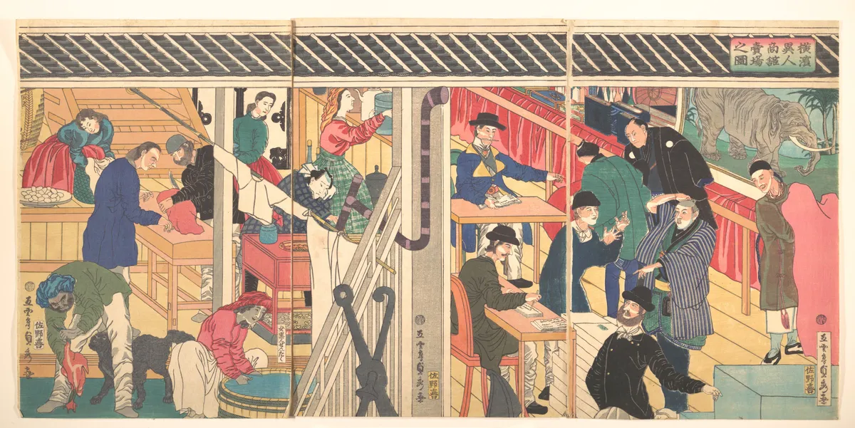 Foreign Business Establishment in Yokohama (Yokohama ijin shōkan uriba no zu) | Utagawa (Gountei) Sadahide - 浮世繪畫廊