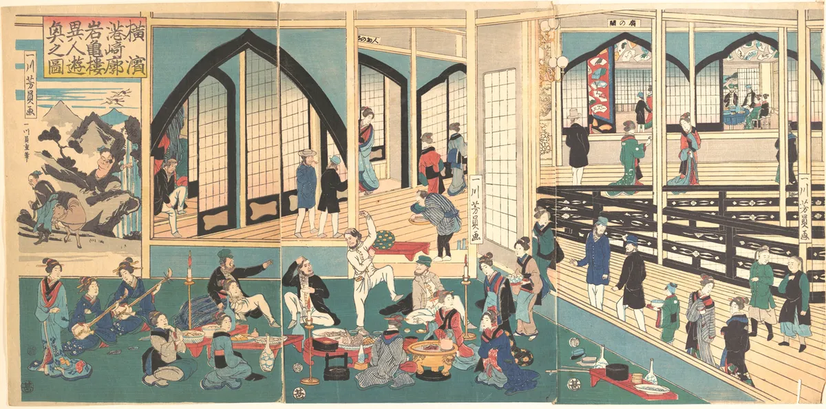 Foreigners Enjoying a Party at the Gankirō Tea House | Utagawa Yoshikazu - 浮世繪畫廊