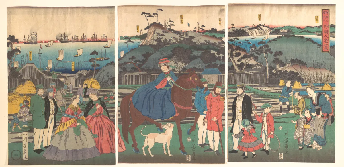 Foreigners Visiting the Famous Site of Mount Gongen in Kanagawa | Utagawa Yoshikazu - 浮世繪畫廊