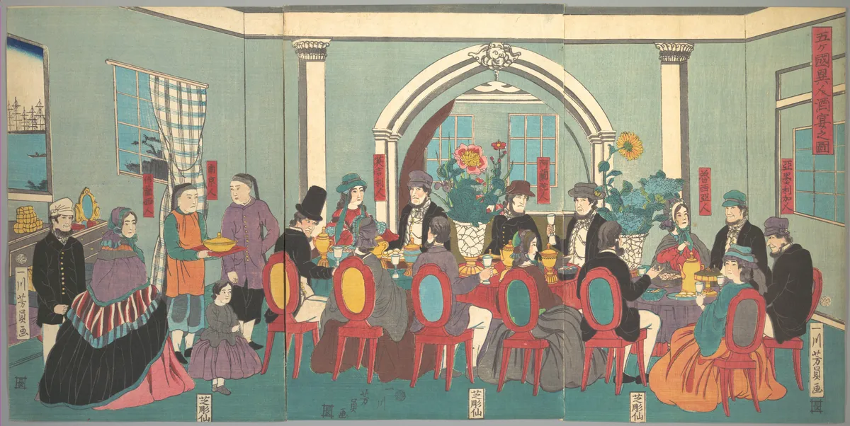 Foreigners from the Five Nations Enjoying a Banquet | Utagawa Yoshikazu - 浮世繪畫廊